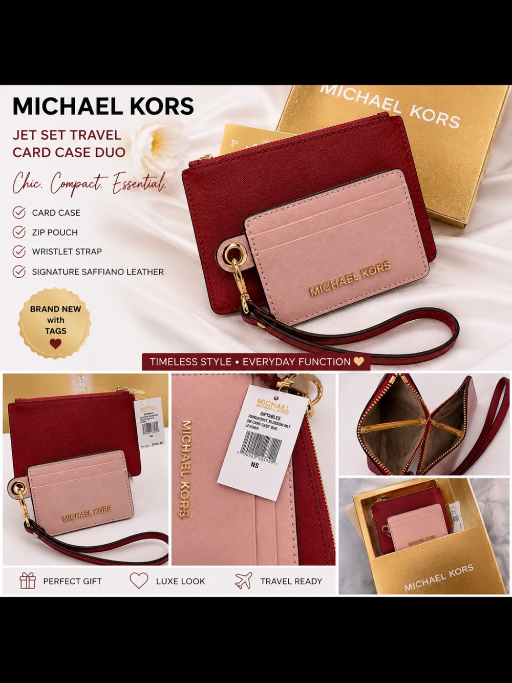 Michael Kors Pink and Red Card Case Duo with Gold Hardware NEW with tags & box